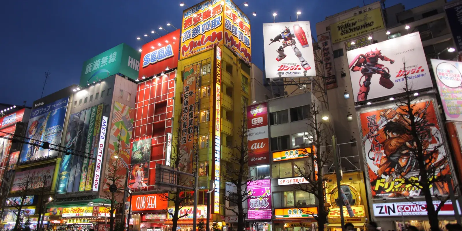 Akihabara's neon-lit Electric Town skyline at dusk, wrapped in electronics and anime billboards