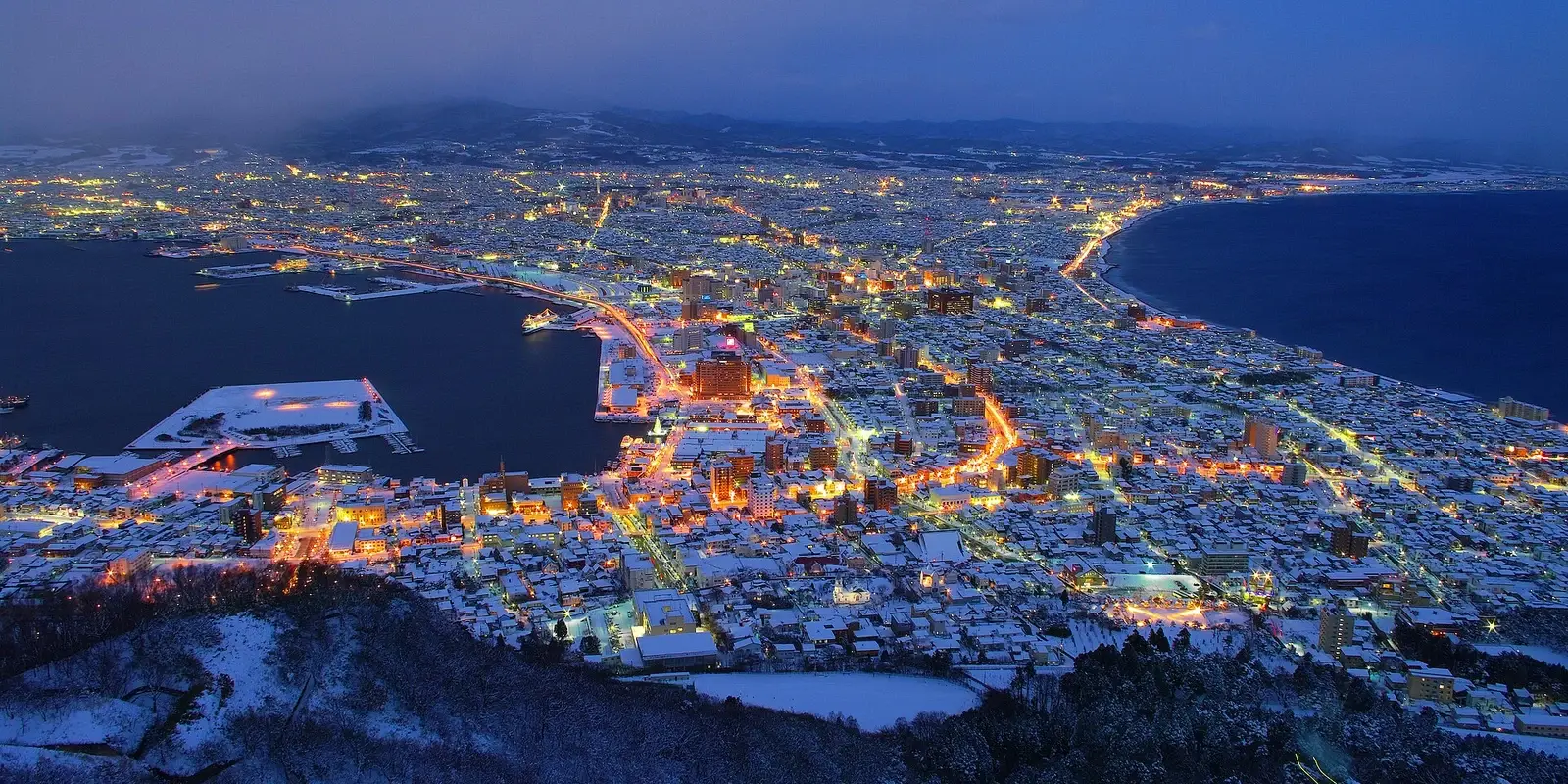 The blue-hour night view of Hakodate from Mt. Hakodate, the lit city narrowing into a glowing hourglass between two dark seas