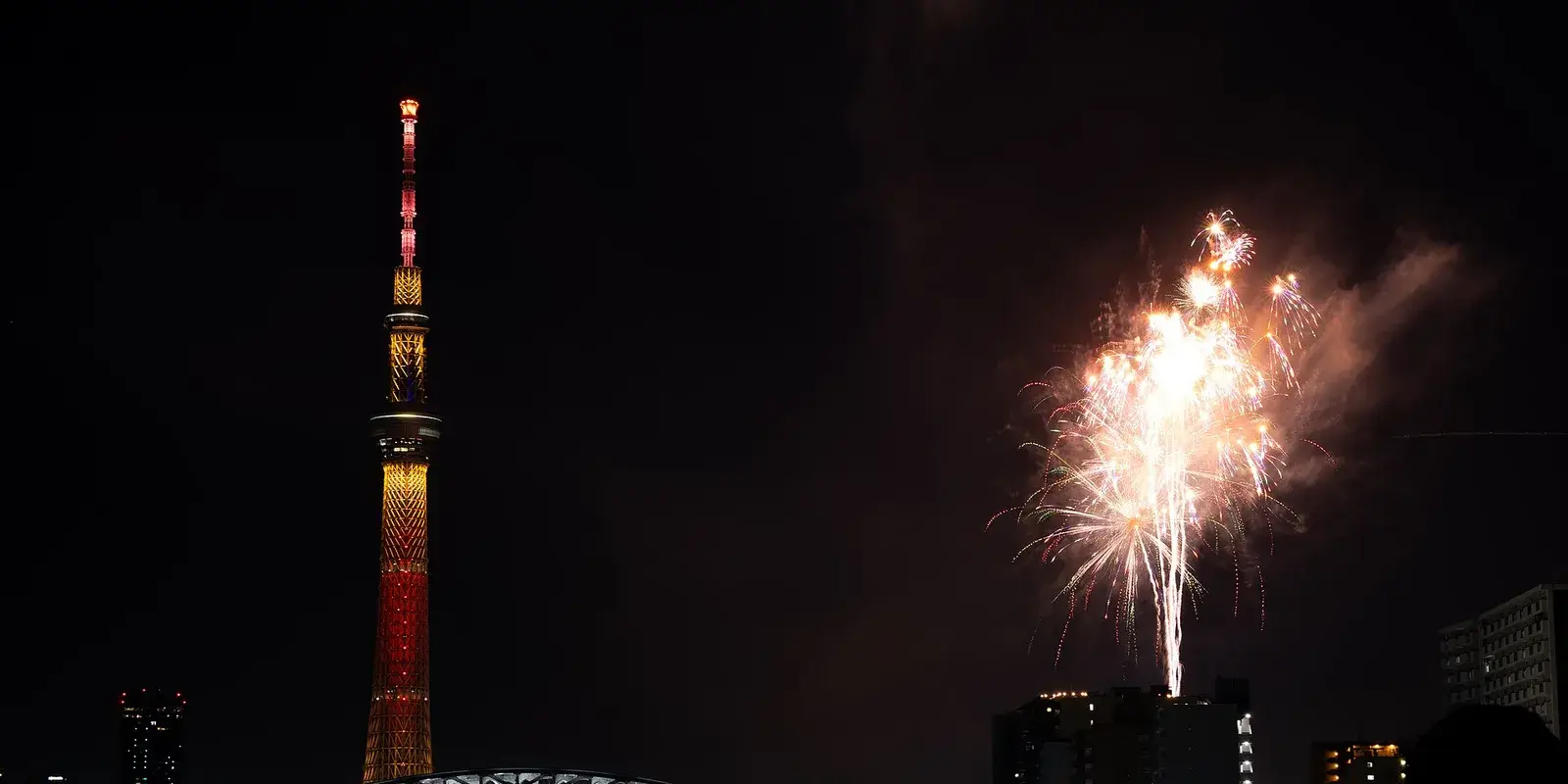 Tokyo Skytree illuminated beside fireworks bursting over the Sumida River skyline at night during the Sumidagawa Fireworks Festival