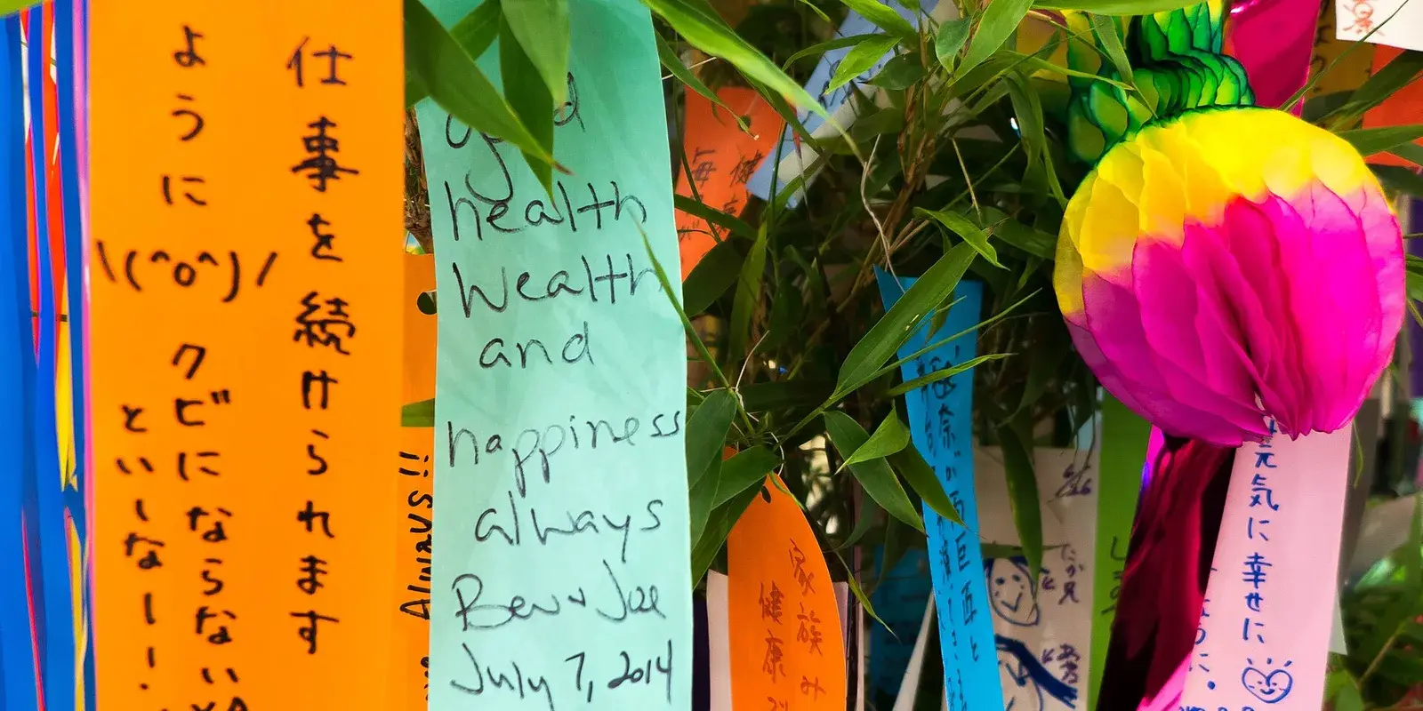 Colorful Tanabata tanzaku wish strips tied to a green bamboo branch, with handwritten wishes in Japanese and English and a bright paper decoration