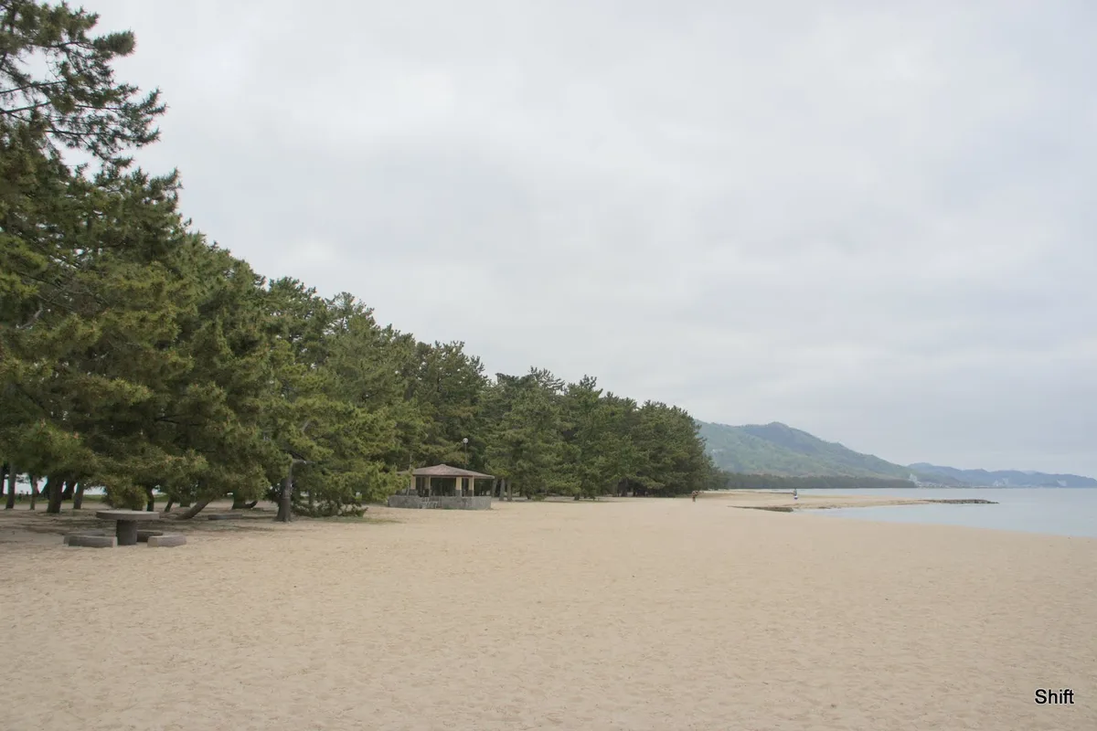 Blick auf Bodenhöhe auf die kiefernbestandene Sandbank und den Sandstrand von Amanohashidate unter bewölktem Himmel