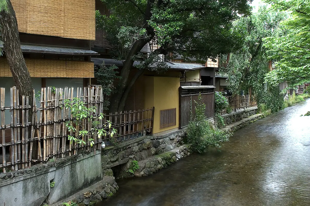 Nhìn xuôi dòng con kênh Shirakawa ở Gion, Kyoto: dòng nước nông và trong, bờ kè đá, hàng rào tre và mặt sau bằng gỗ của những ngôi nhà machiya giữa màu xanh mùa hè.