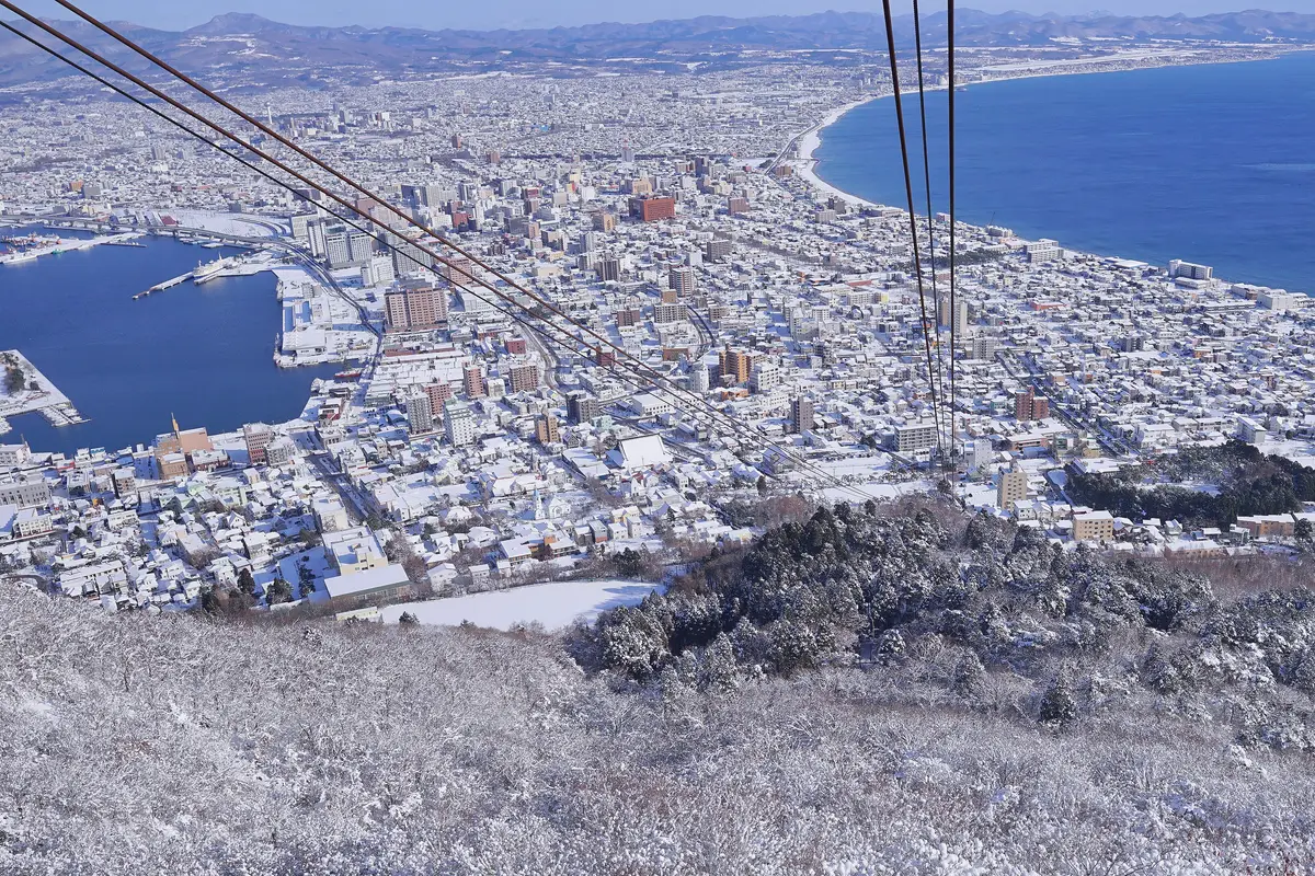 Seen from the ropeway on a clear winter day: Hakodate under snow, spread along the narrow bridge of land with sea on both sides