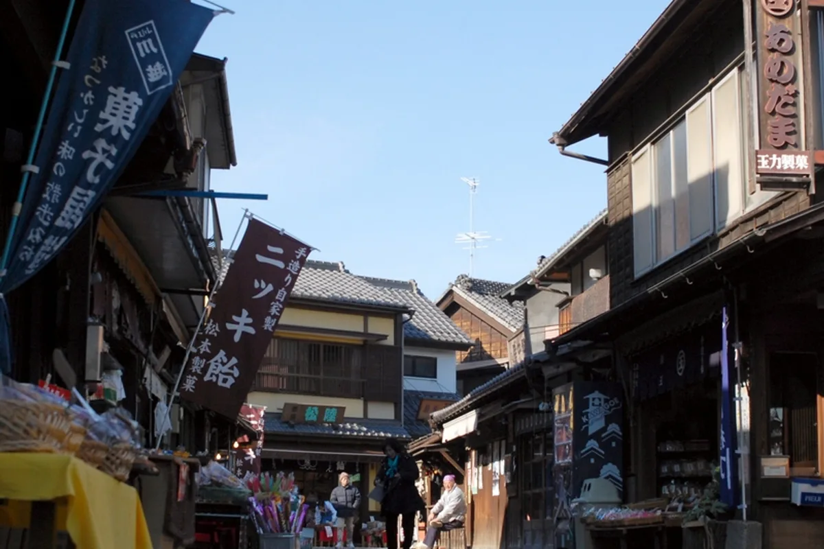 Traditional Japanese sweets and candy displayed at a small shop along Kashiya Yokocho, Kawagoe's old candy-making lane