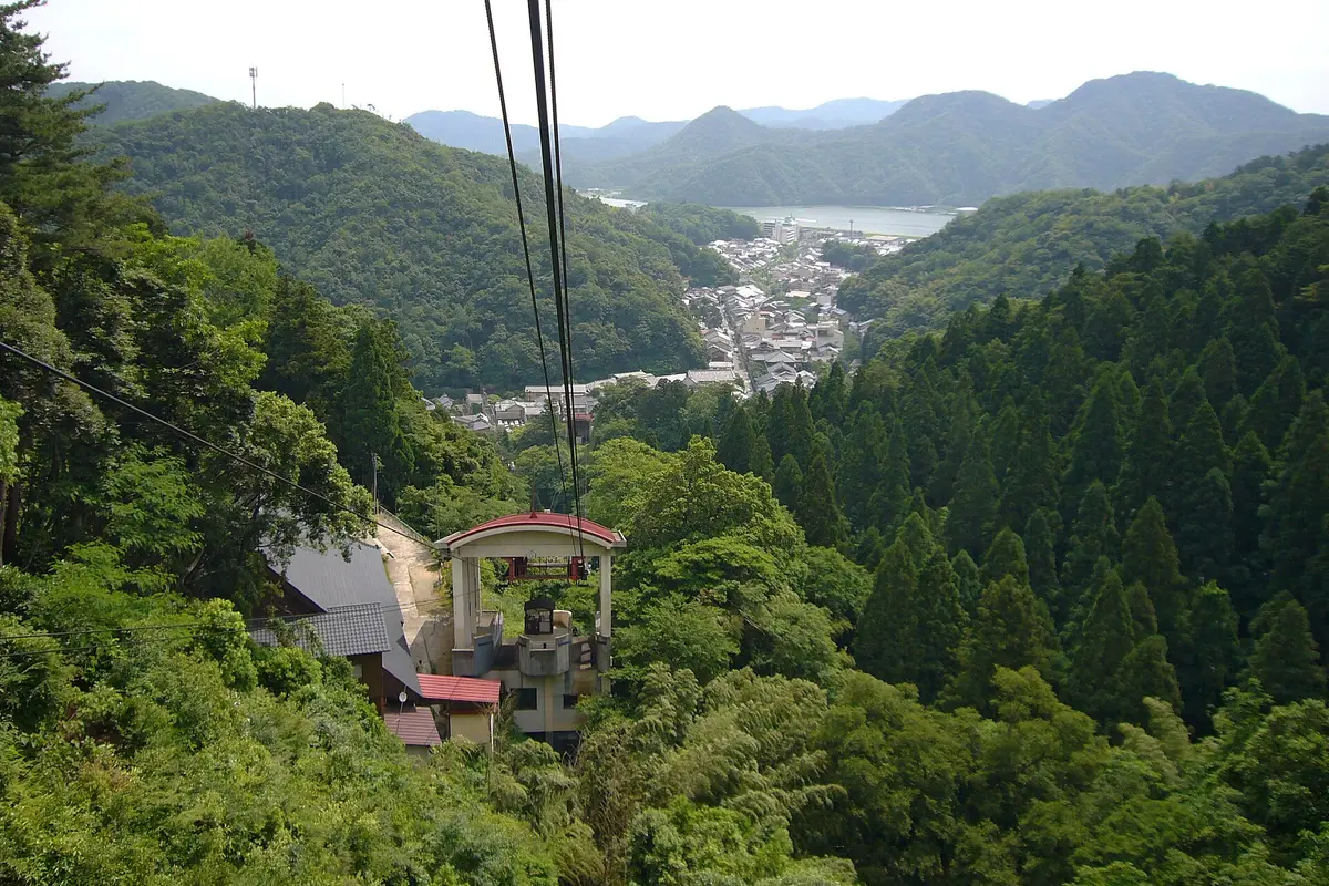 Looking down from the Kinosaki ropeway over the town's rooftops filling a narrow wooded valley, with hills and water beyond