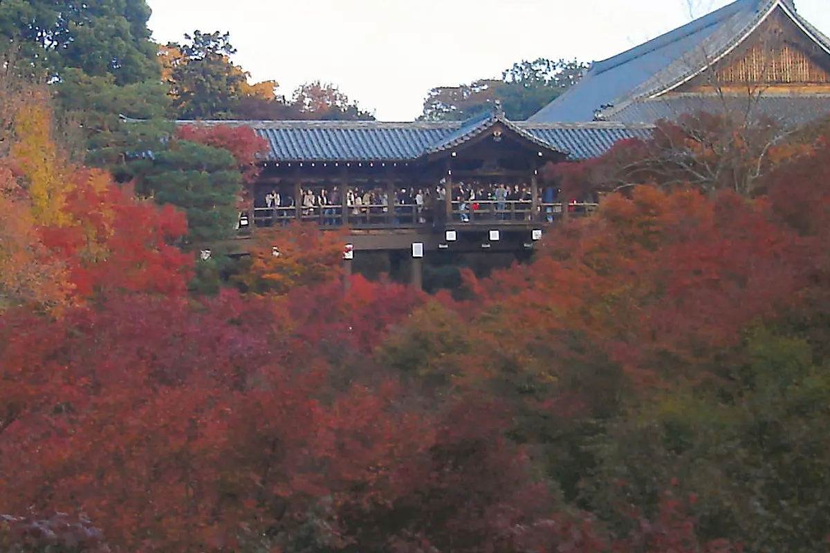 Persone in piedi spalla a spalla lungo il parapetto del ponte Tsutenkyo, un corridoio di legno coperto sopra una valle di aceri rossi a Kyoto