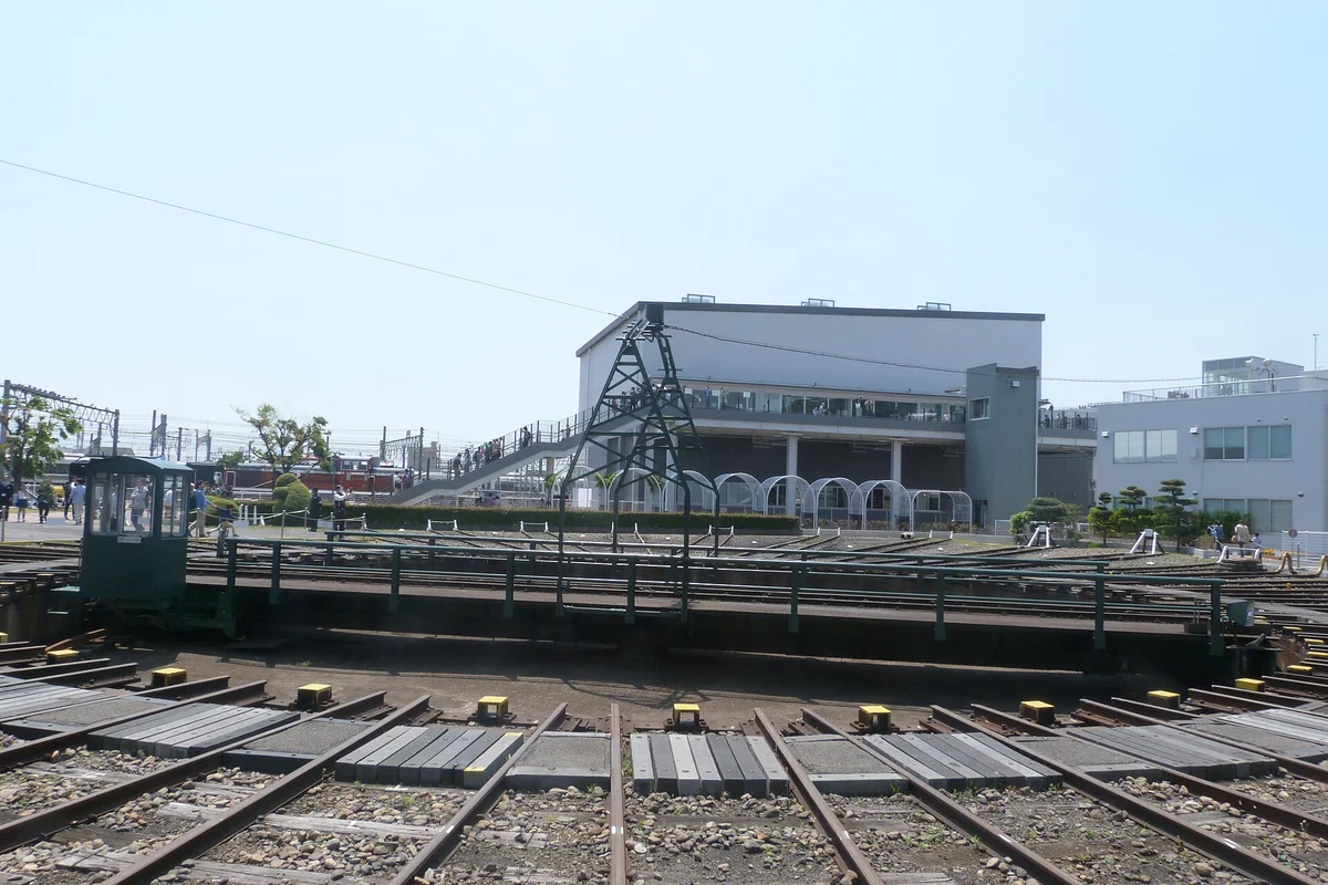 Steam locomotive turntable at the Kyoto Railway Museum with the main building visible behind it