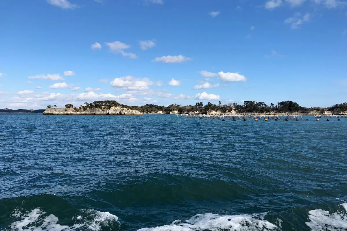 Vista dal ponte della barca: isole basse coperte di pini allineate all'orizzonte, oltre le acque aperte della baia di Matsushima