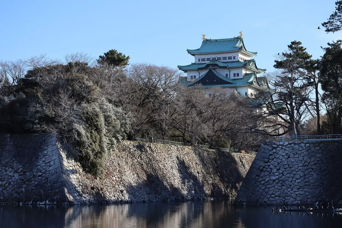 Oltre l'acqua del fossato: il donjon chiuso del Castello di Nagoya sopra le sue mura in pietra, con due shachihoko dorati sul colmo del tetto