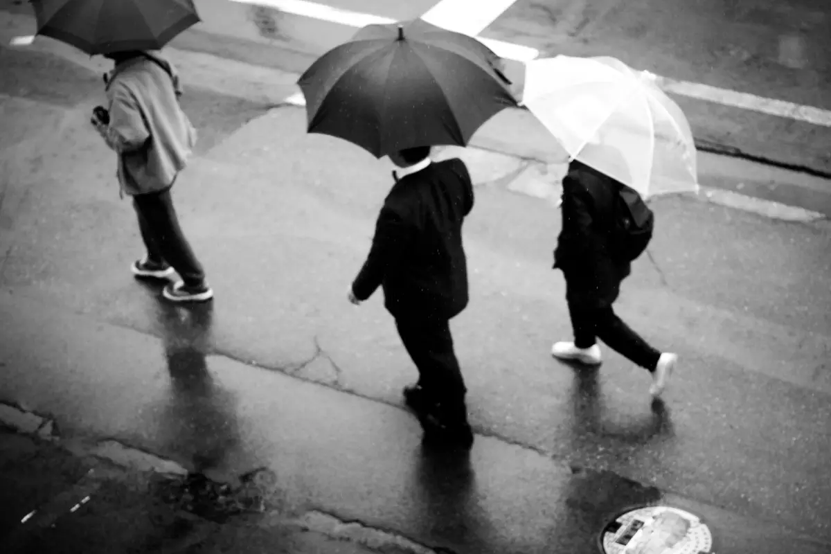 Seen from above, three people with umbrellas cross a rain soaked street, two of the umbrellas overlapping and tilted apart