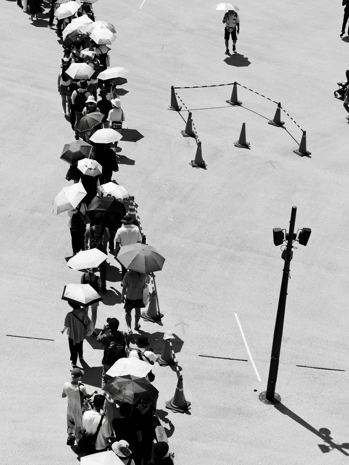 An aerial view of a long queue of people holding parasols under the blazing summer sun in Japan