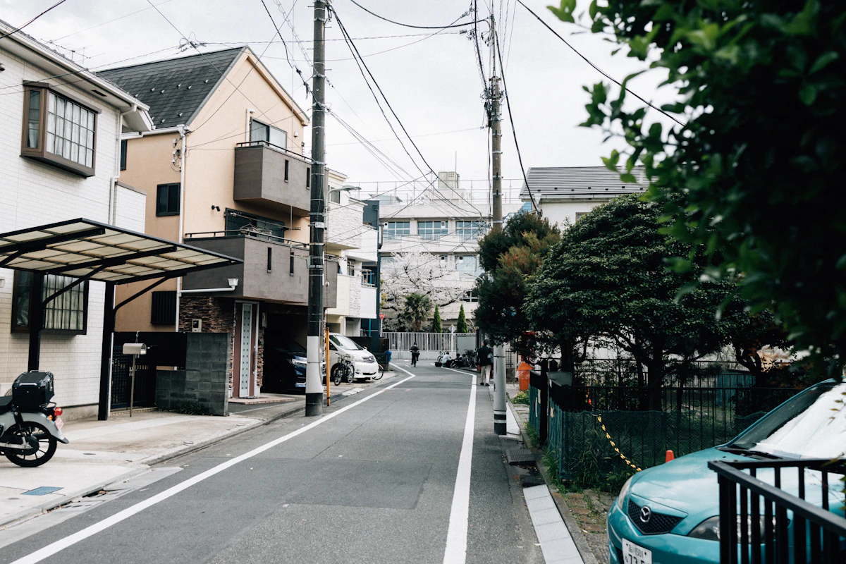 A quiet, clean residential street in a Japanese neighborhood