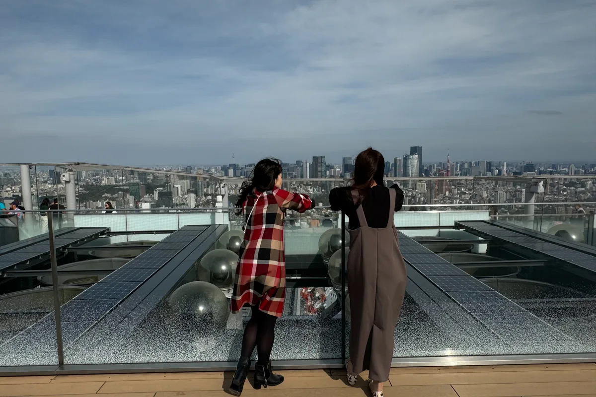 Two visitors seen from behind leaning on the rooftop railing, looking out over Tokyo towards Tokyo Tower