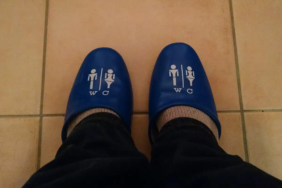 A pair of blue toilet slippers marked with a WC pictogram, worn over socks on a tiled floor
