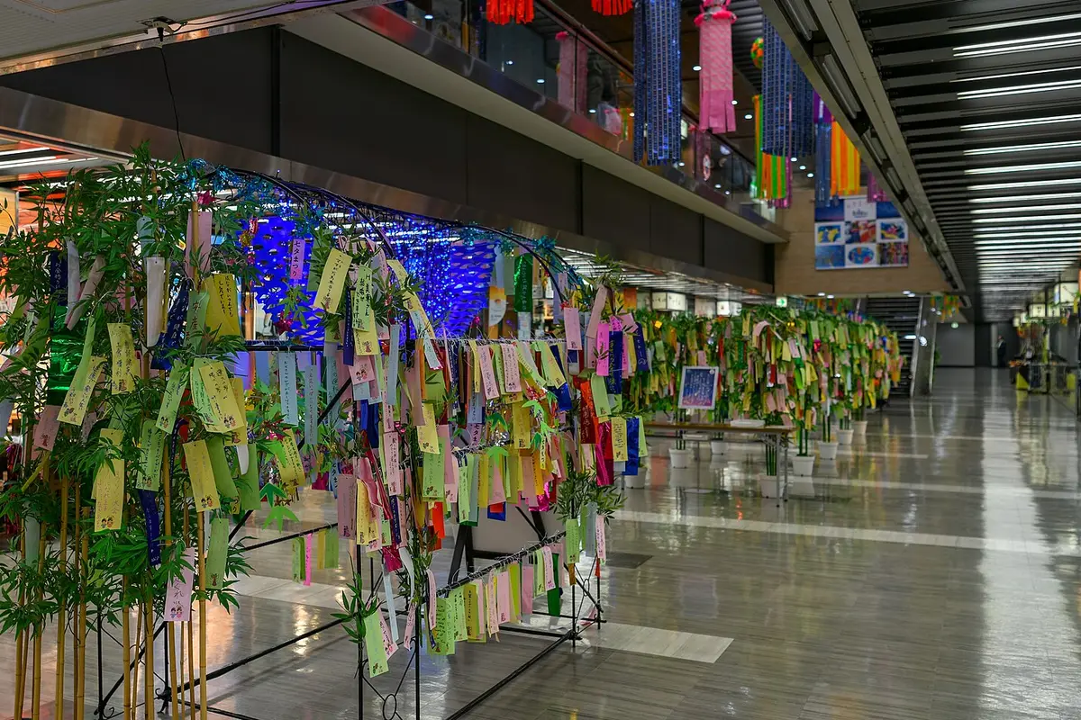 A long row of potted bamboo covered with colorful tanzaku strips, lining an indoor shopping concourse