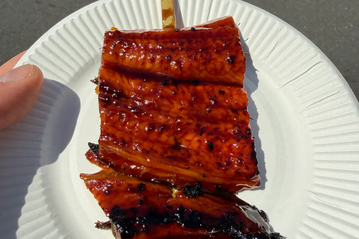 Close up on a paper plate: a glazed grilled eel skewer bought from a stall at the Tsukiji Outer Market