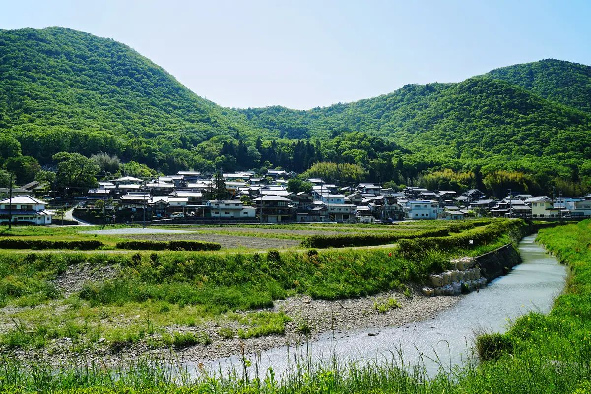 Tiled-roof houses clustered at the foot of forested hills in Tamba Sasayama, Hyogo, with fields and a shallow river in the foreground