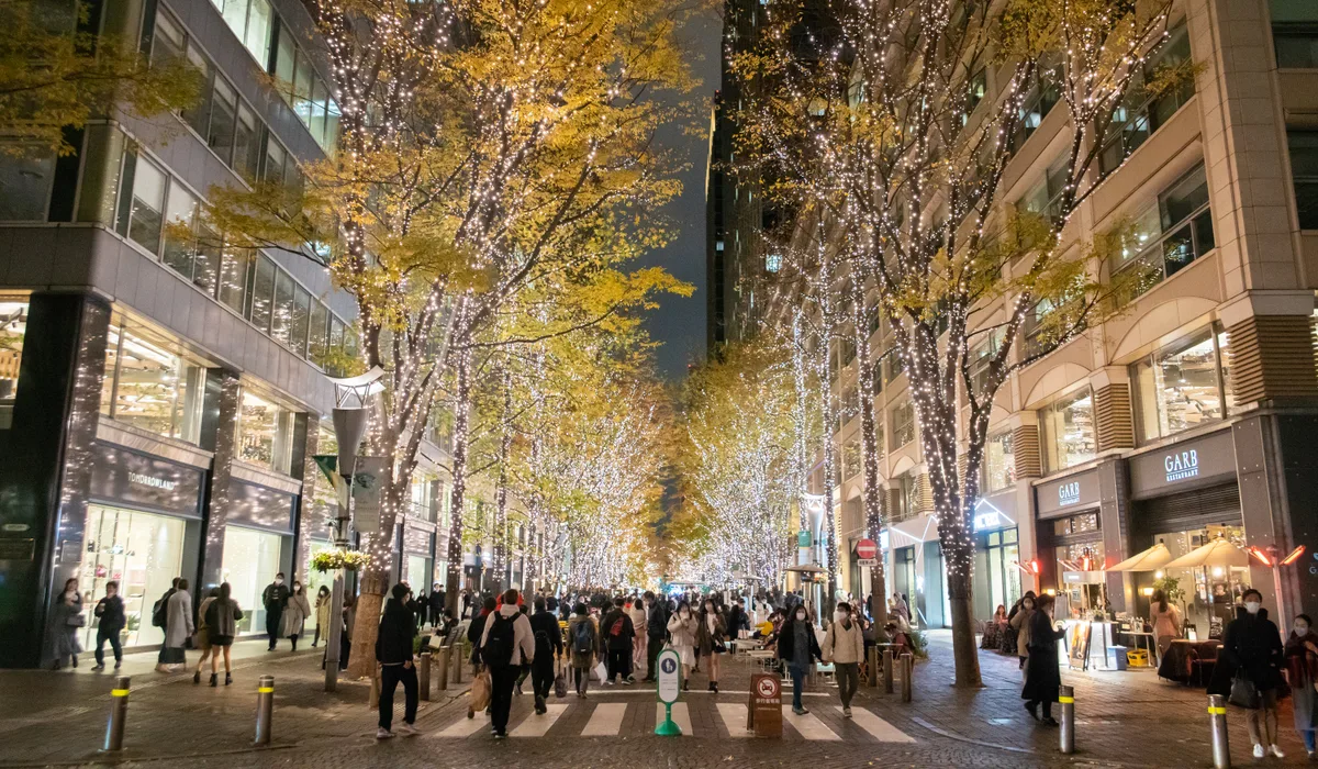A crowd of people walking beneath light-wrapped street trees on Marunouchi Naka-dori in Tokyo on a winter evening
