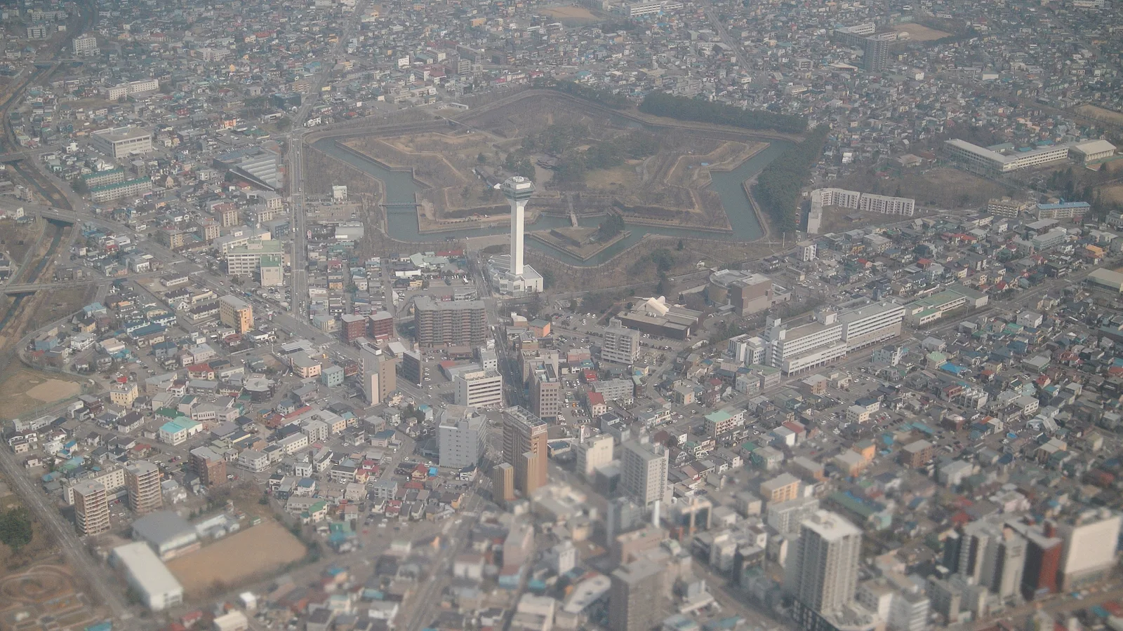 Goryokaku seen from above — the five-pointed star of its moat and ramparts, a shape invisible from the ground