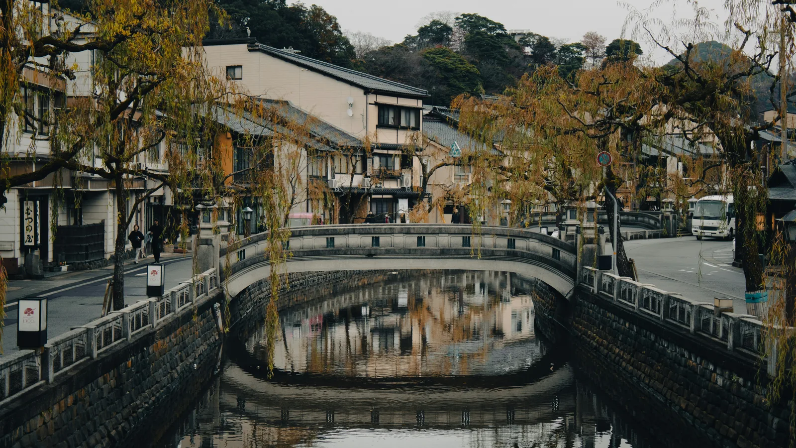 The Otani River canal lined with weeping willows and arched stone bridges in the centre of Kinosaki Onsen