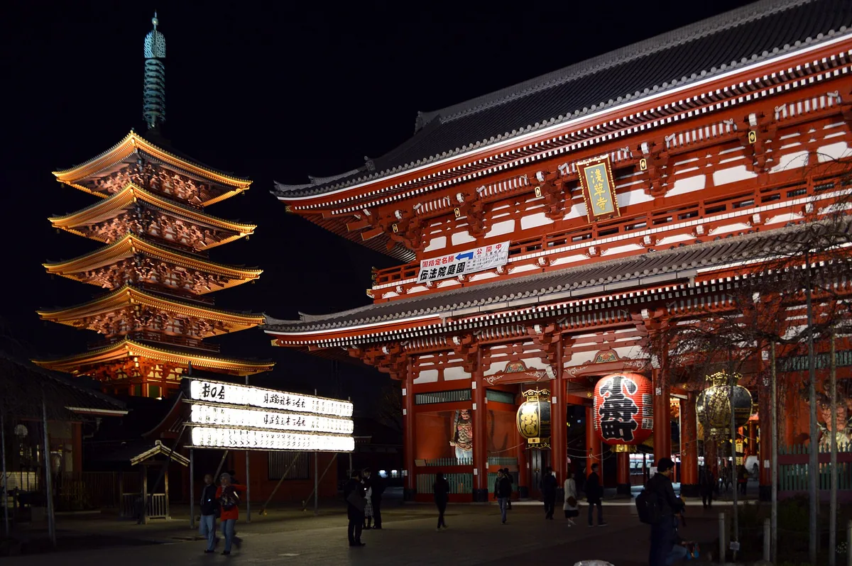The five-story pagoda of Senso-ji rising above the temple grounds in Asakusa