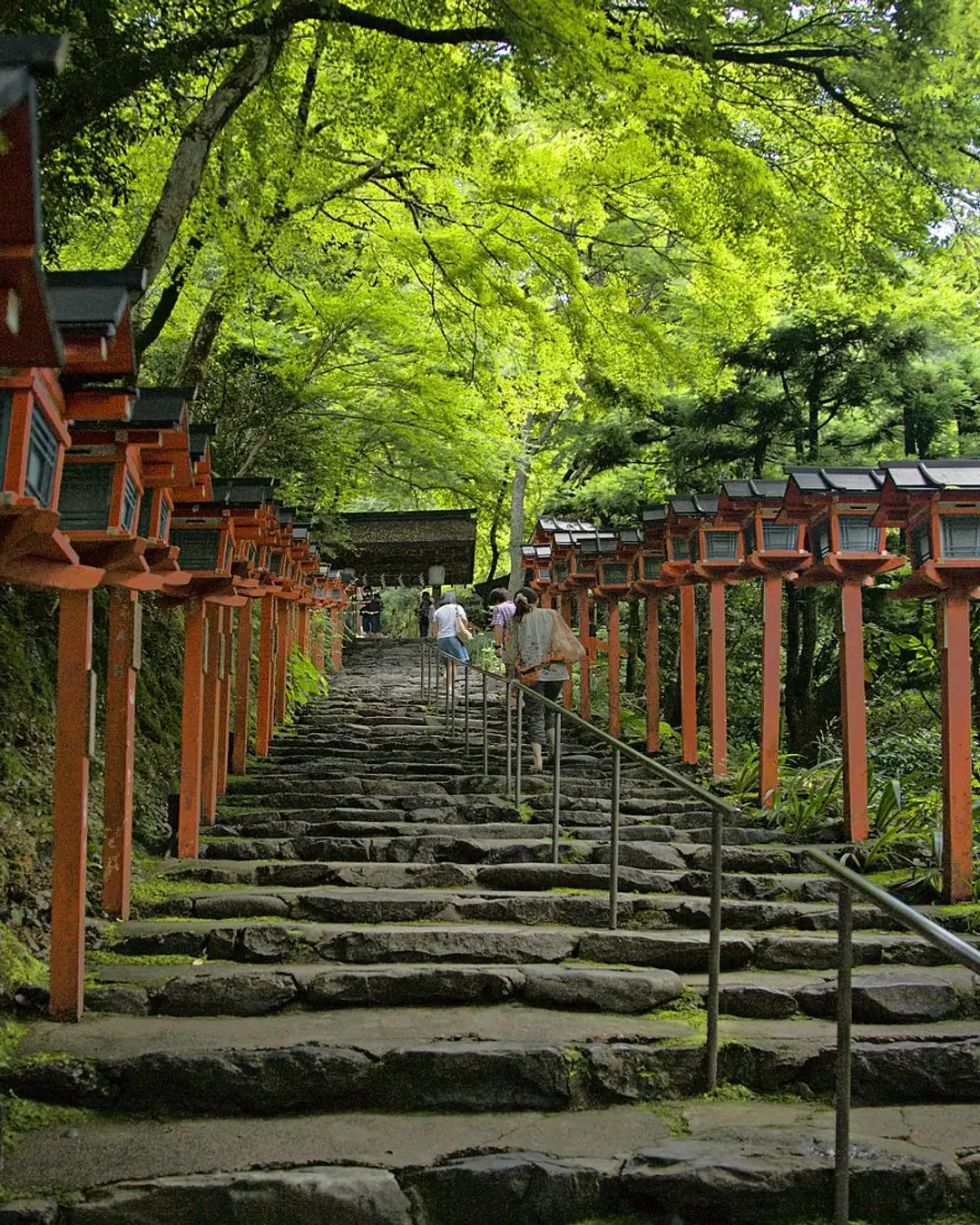 The lantern-lined stone stairway leading up to Kibune Shrine near Kurama, Kyoto