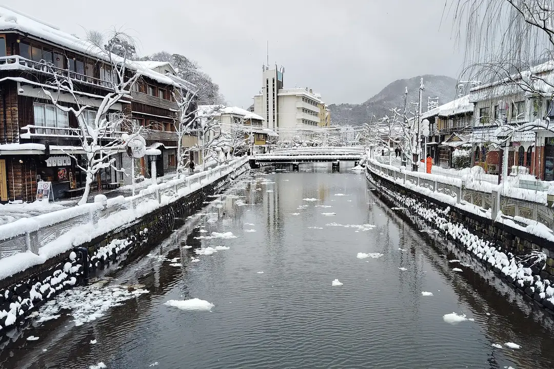 Snow on the willows and wooden inns along the Otani river in Kinosaki Onsen