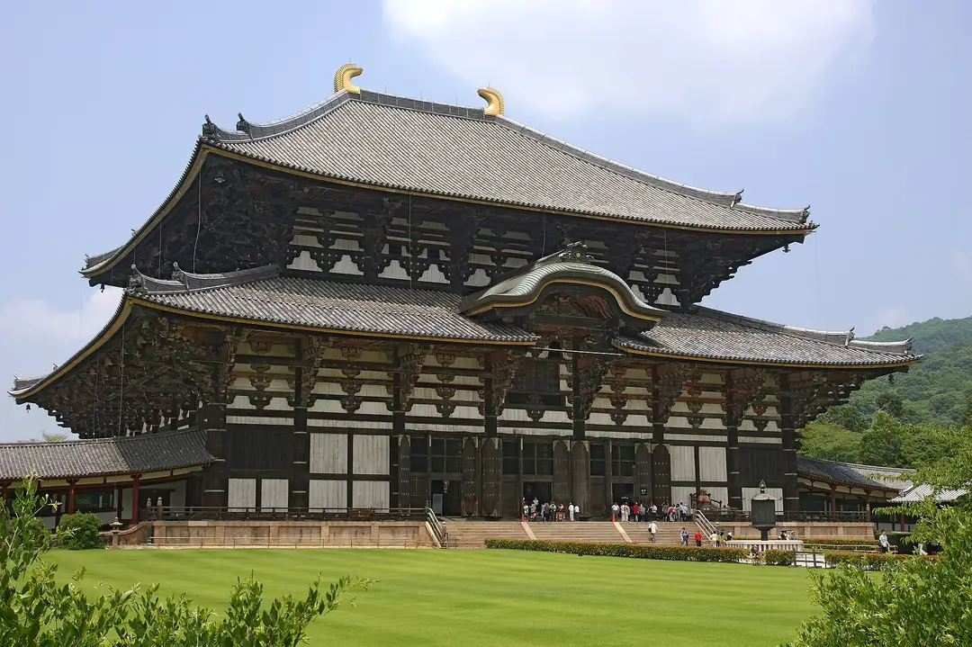 The Daibutsu-den, the Great Buddha Hall of Todai-ji, across the flat lawn in Nara