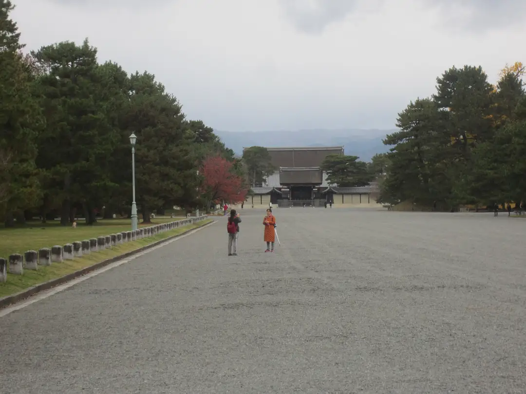 The wide gravel avenue through Kyoto Gyoen leading to the Kenreimon gate, lined with pines